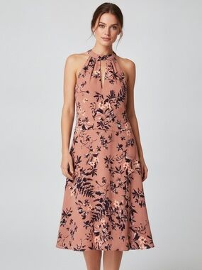 Express Mauve Navy Floral Halter Neck Keyhole Midi Dress Size 10
